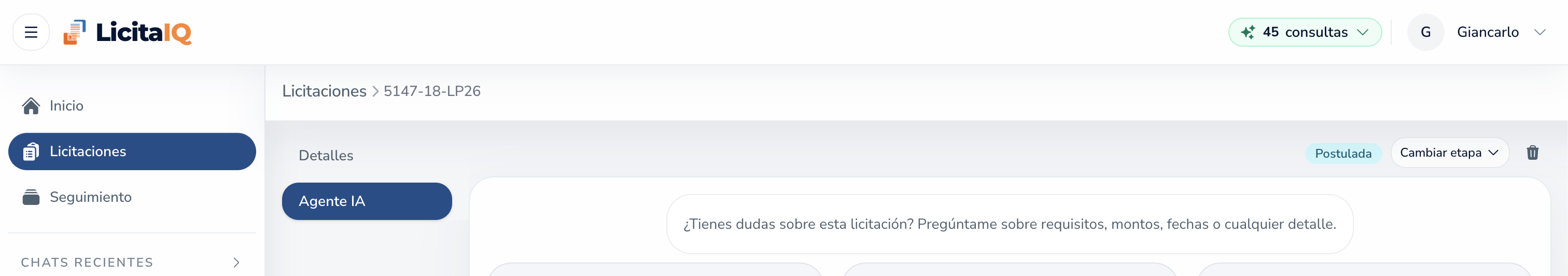 Chat con IA con controles de seguimiento de licitación
