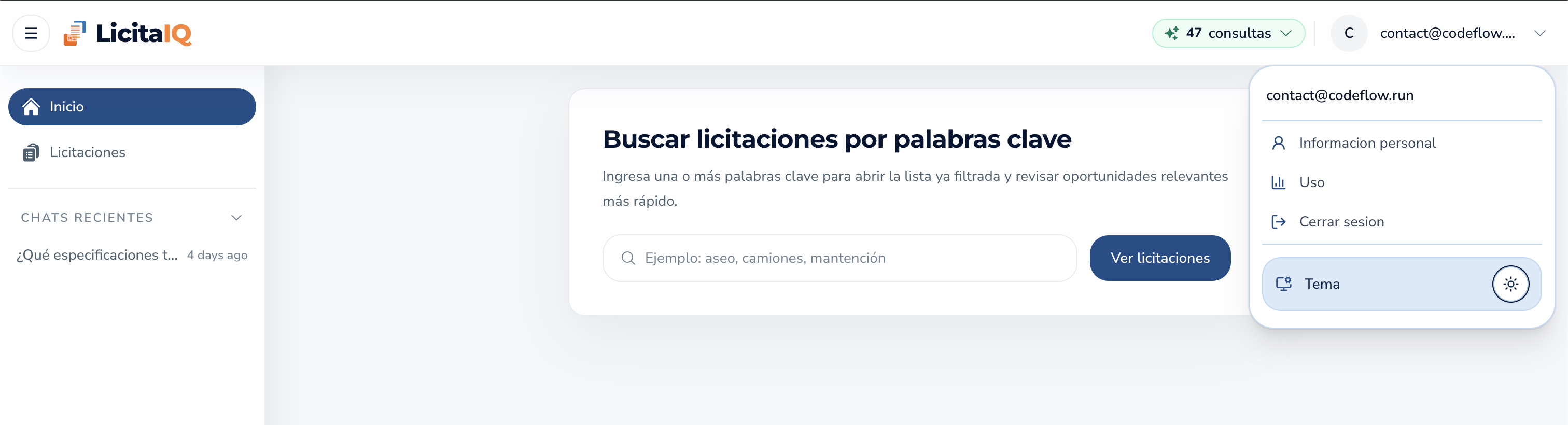 Menú de cuenta y accesos rápidos