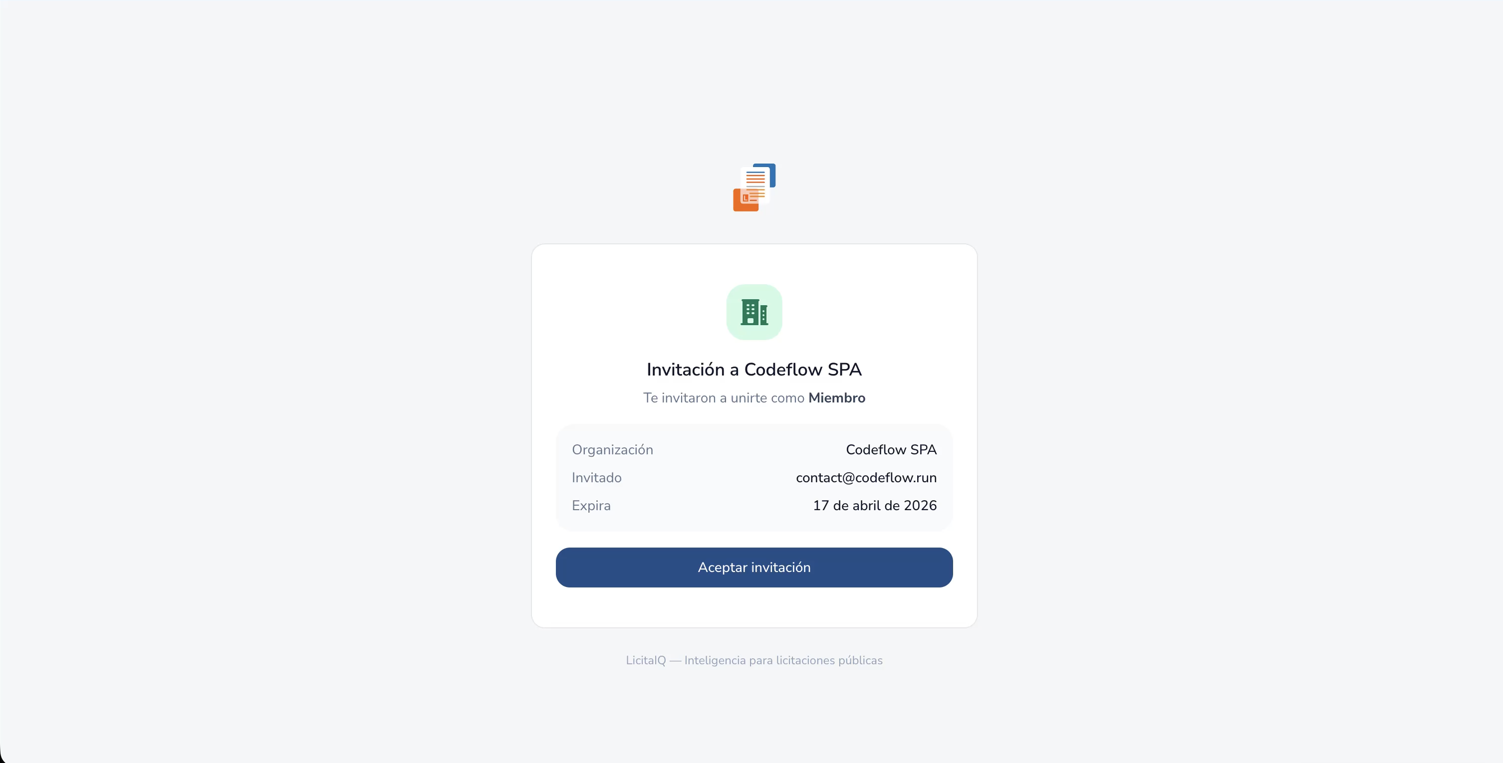 Pantalla para aceptar invitación a una organización