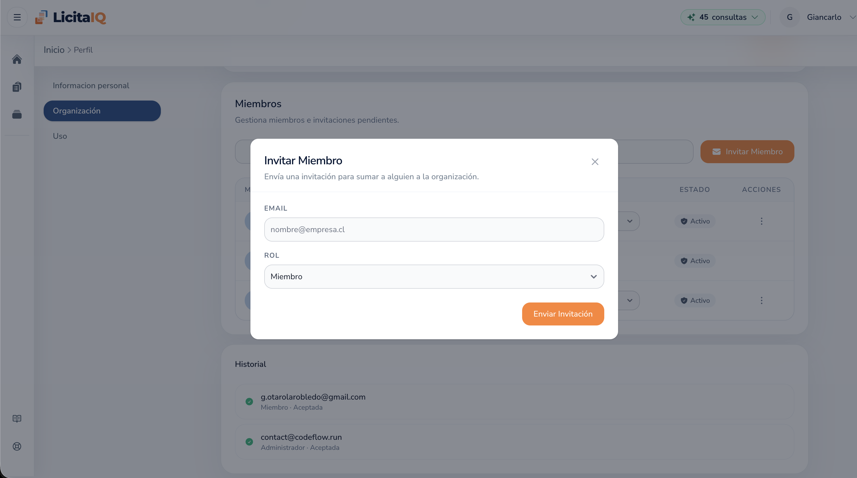 Modal para invitar un miembro a la organización