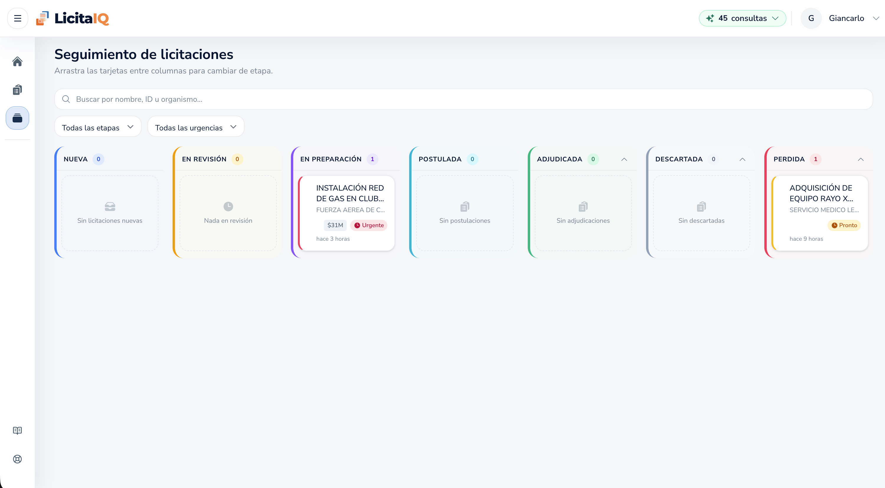 Tablero de seguimiento de licitaciones por etapa
