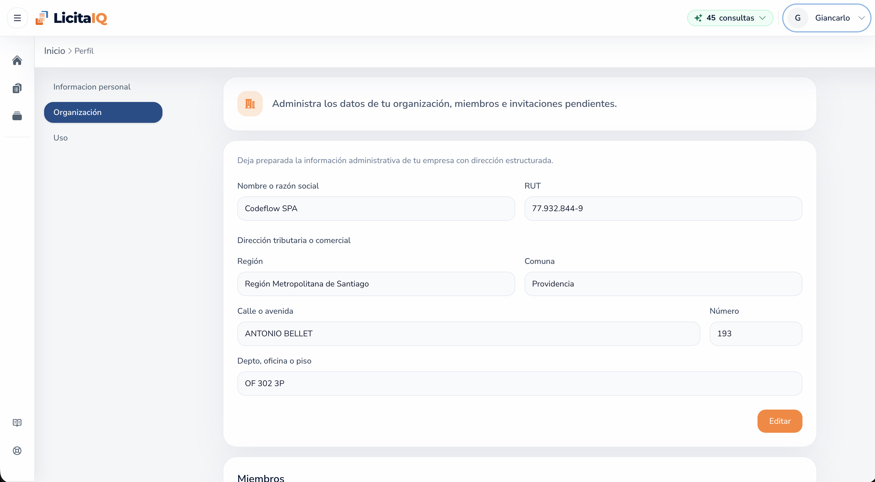 Perfil de organización con sección de miembros