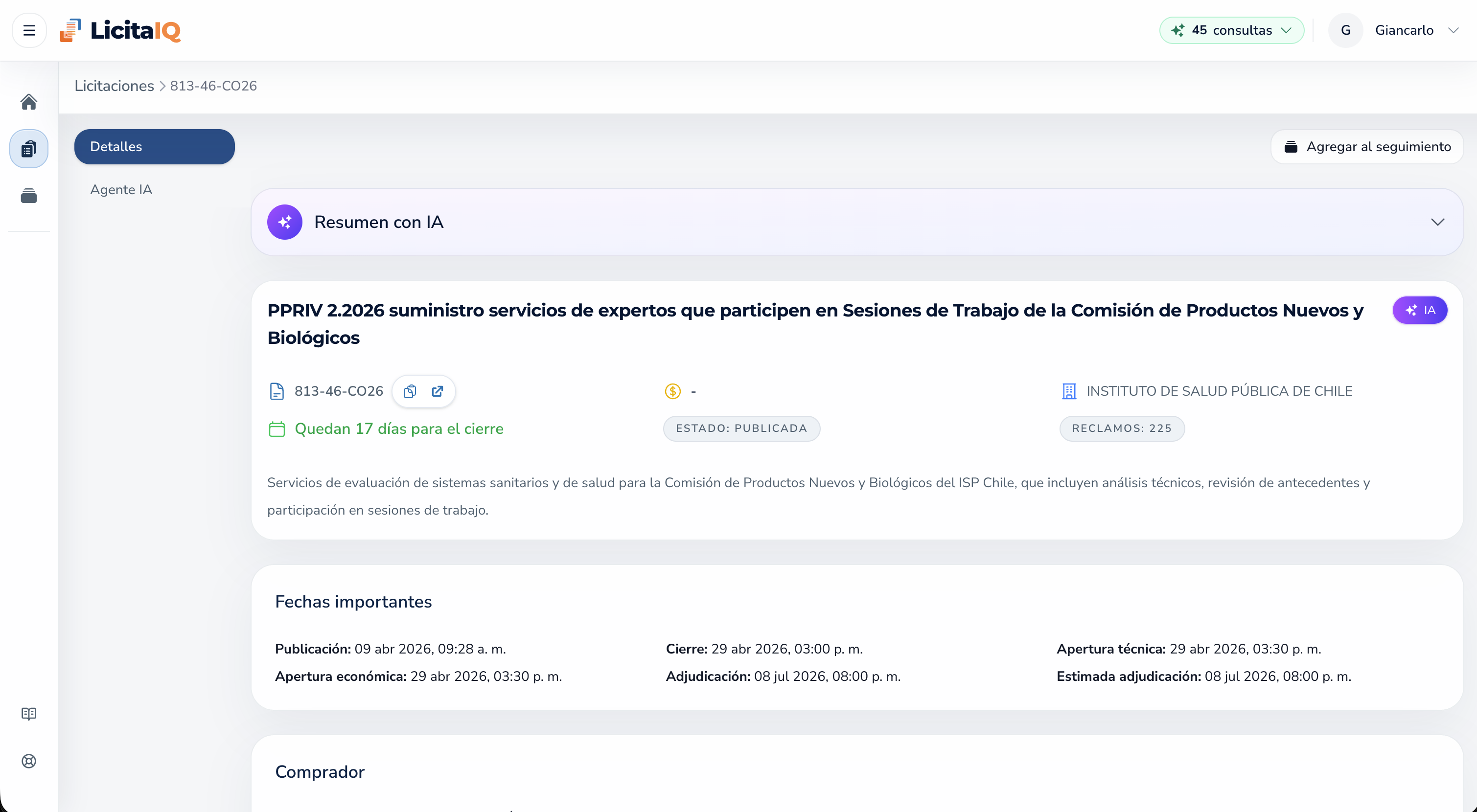 Botón para agregar una licitación al seguimiento desde la ficha