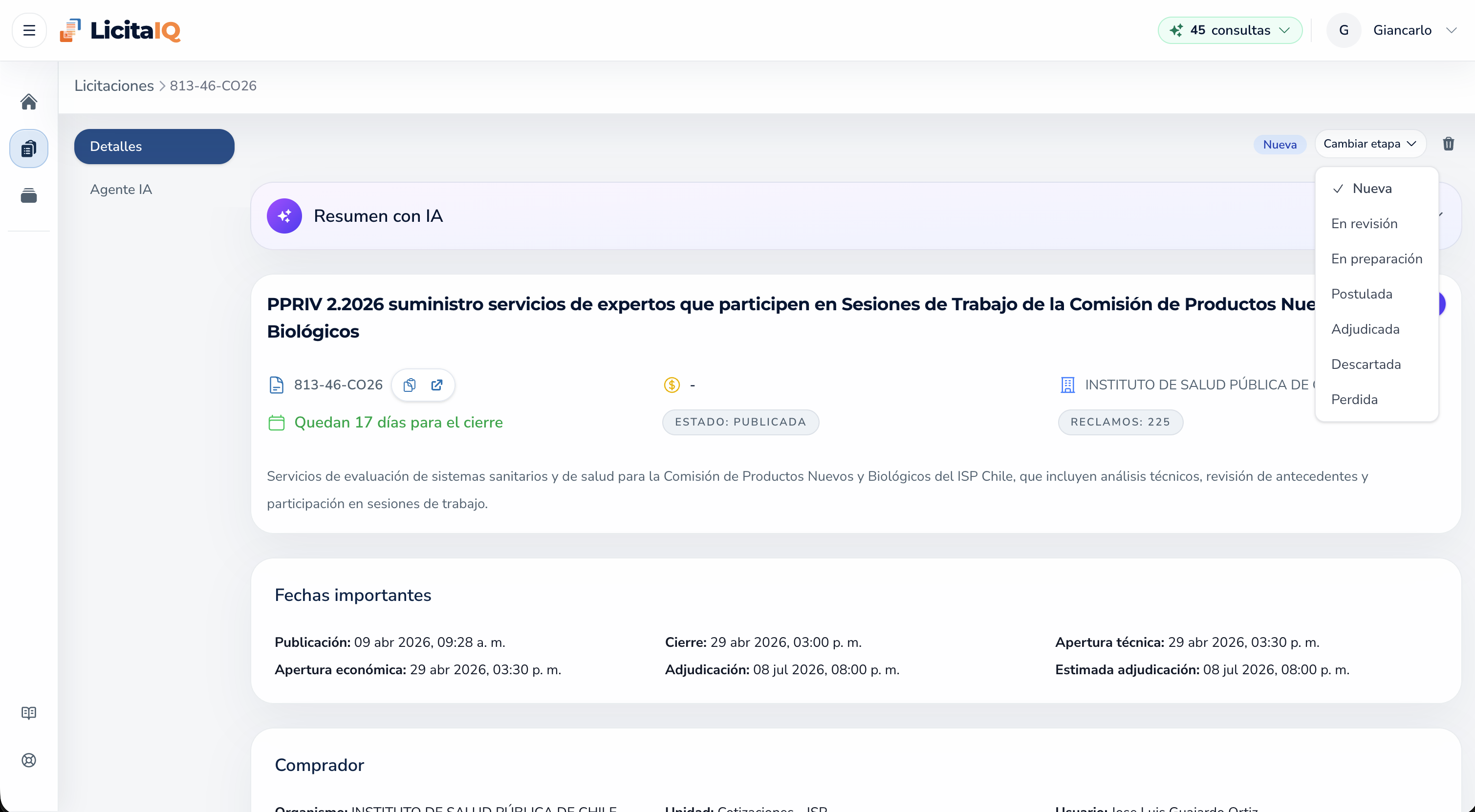 Menú para cambiar etapa de una licitación en seguimiento